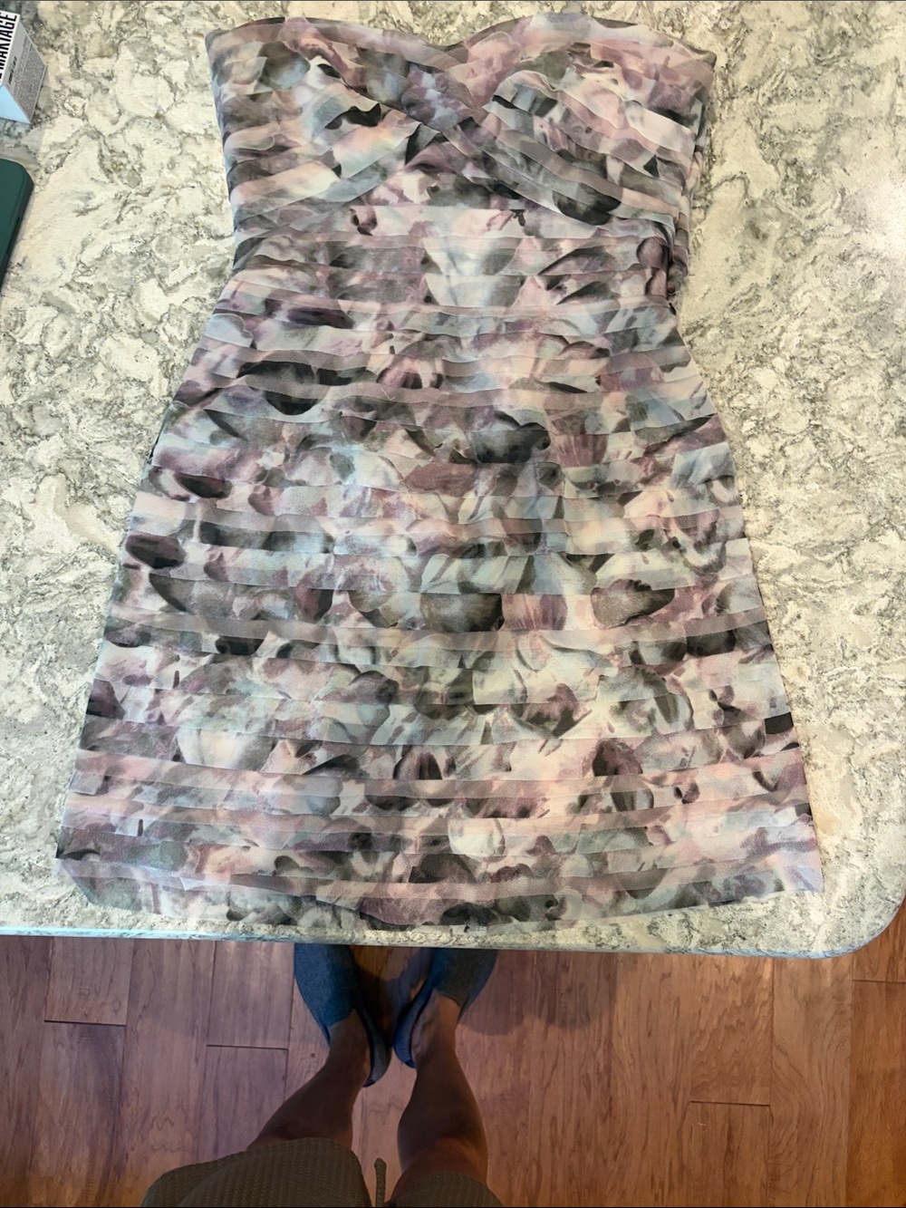 BCBGMaxAzria Strapless Watercolor Floral Dress in Pink, Gray and Black